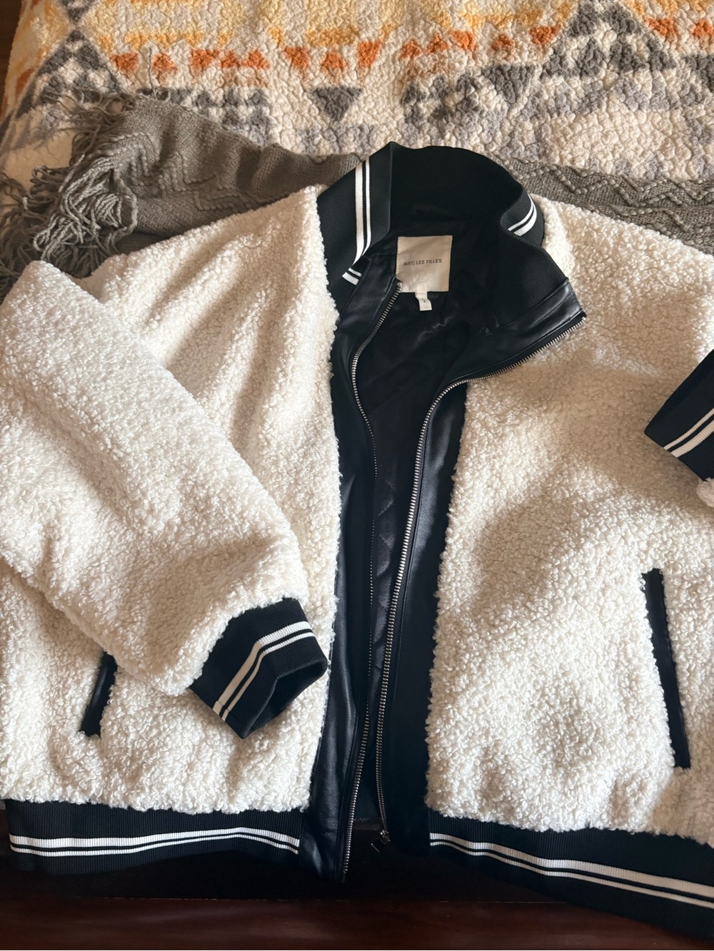 Anthropologie Avec Les Filles White Sherpa Bomber Jacket with Black Trim